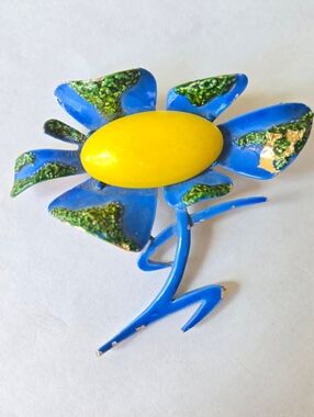 Vintage MCM Metal Enamel Flower Brooch Blue & Green Arthur Pepper Pop Art